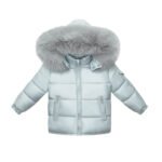 Baby Puffer Jacket with Oversized detachable Faux Fur Hood-Silver Grey