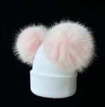 Double Pompom Hat -White Baby Hat with 2 Pink Fluffy Mega Pompoms EB-H-02P - Image 4