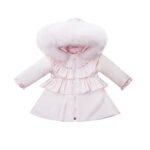 Luxury Baby Girl Baby Pink Puffer Coat with Oversized Faux Fur Hood, Pearl & Diamanté Embellishments, Layered Ruffles – Warm Winter Jacket EvaBella EB-9701-S