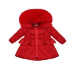 Luxury Baby Girl Red Puffer Coat with Oversized Faux Fur Hood, Pearl & Diamanté Embellishments, Layered Ruffles – Warm Winter Jacket EvaBella EB-9701-S