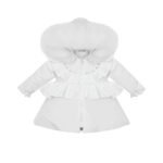Luxury Baby Girl White Puffer Coat with Oversized Faux Fur Hood, Pearl & Diamanté Embellishments, Layered Ruffles – Warm Winter Jacket EvaBella EB-9701-S