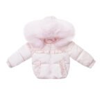 Luxury Baby Girl Baby Pink Puffer Coat with Oversized Faux Fur Hood, Satin Bow & Diamanté Pocket Details – Warm Winter Jacket EvaBella EB-9702-S