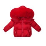 Luxury Baby Girl Red Puffer Coat with Oversized Faux Fur Hood, Satin Bow & Diamanté Pocket Details – Warm Winter Jacket EvaBella EB-9702-S