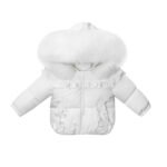 Luxury Baby Girl White Puffer Coat with Oversized Faux Fur Hood, Satin Bow & Diamanté Pocket Details – Warm Winter Jacket EvaBella EB-9702-S