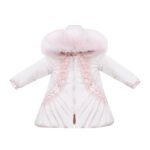 Luxury Baby Girl Baby Pink Puffer Coat with Oversized Faux Fur Hood, Pearl & Diamanté Embellishments, Tulle Details, and Satin Butterfly Accents – Warm Winter Jacket EvaBella EB-9703-S