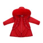 Luxury Baby Girl Red Puffer Coat with Oversized Faux Fur Hood, Pearl & Diamanté Embellishments, Tulle Details, and Satin Butterfly Accents – Warm Winter Jacket EvaBella EB-9703-S