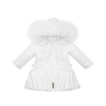 Luxury Baby Girl White Puffer Coat with Oversized Faux Fur Hood, Pearl & Diamanté Embellishments, Tulle Details, and Satin Butterfly Accents – Warm Winter Jacket EvaBella EB-9703-S
