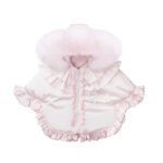 Luxury Baby Girl Pink Puffer Cape with Oversized Faux Fur Hood, Satin Bow & Diamanté Chest Detail, Tulle Ruffles – Warm Winter Coat EvaBella EB-9704-S