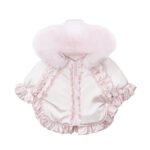 Luxury Baby Girl Puffer Cape with Oversized Faux Fur Hood, Pearl & Diamanté Tulle Trims, Satin Bows – Warm Winter Coat EvaBella EB-9705-S