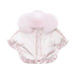Luxury Baby Girl Pink Puffer Cape with Oversized Faux Fur Hood, Satin Bow & Diamanté Chest Detail, Tulle Ruffles – Warm Winter Coat EvaBella EB-9706-S