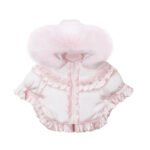 Luxury Baby Girl Puffer Cape with Oversized Faux Fur Hood, Pearl & Diamanté Tulle Chest Ruffles, Satin Bows – Warm Winter Coat EvaBella EB-9707-S
