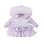 Luxury Pastel Lilac Puffer Coat with Oversized Faux Fur Hood, Layered Tulle Skirt & Pearl Diamanté Details – Cozy Winter Jacket for Girls EB-9708-S