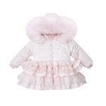 Luxury Baby Pink Puffer Coat with Oversized Faux Fur Hood, Layered Tulle Skirt & Pearl Diamanté Details – Cozy Winter Jacket for Girls EB-9708-S