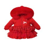 Luxury Red Puffer Coat with Oversized Faux Fur Hood, Layered Tulle Skirt & Pearl Diamanté Details – Cozy Winter Jacket for Girls EB-9708-S