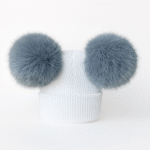 Baby Double Pompom hat-White Baby Hat with 2 Moutain Spring Blue Fluffy Mega Pompoms EB-H-04-MSBLUE