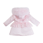 Luxury Baby Girl Baby Pink Puffer Coat with Oversized Faux Fur Hood, Pearl & Diamanté Embellishments, Layered Ruffles – Warm Winter Jacket EvaBella EB-9701-S - Image 2