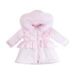 Luxury Baby Girl Baby Pink Puffer Coat with Oversized Faux Fur Hood, Pearl & Diamanté Embellishments, Layered Ruffles – Warm Winter Jacket EvaBella EB-9701-S