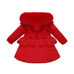 Luxury Baby Girl Red Puffer Coat with Oversized Faux Fur Hood, Pearl & Diamanté Embellishments, Layered Ruffles – Warm Winter Jacket EvaBella EB-9701-S - Image 2