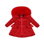 Luxury Baby Girl Red Puffer Coat with Oversized Faux Fur Hood, Pearl & Diamanté Embellishments, Layered Ruffles – Warm Winter Jacket EvaBella EB-9701-S