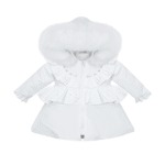 Luxury Baby Girl White Puffer Coat with Oversized Faux Fur Hood, Pearl & Diamanté Embellishments, Layered Ruffles – Warm Winter Jacket EvaBella EB-9701-S