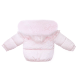 Luxury Baby Girl Baby Pink Puffer Coat with Oversized Faux Fur Hood, Satin Bow & Diamanté Pocket Details – Warm Winter Jacket EvaBella EB-9702-S - Image 2