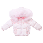 Luxury Baby Girl Baby Pink Puffer Coat with Oversized Faux Fur Hood, Satin Bow & Diamanté Pocket Details – Warm Winter Jacket EvaBella EB-9702-S