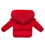 Luxury Baby Girl Red Puffer Coat with Oversized Faux Fur Hood, Satin Bow & Diamanté Pocket Details – Warm Winter Jacket EvaBella EB-9702-S - Image 2