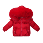 Luxury Baby Girl Red Puffer Coat with Oversized Faux Fur Hood, Satin Bow & Diamanté Pocket Details – Warm Winter Jacket EvaBella EB-9702-S