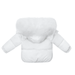 Luxury Baby Girl White Puffer Coat with Oversized Faux Fur Hood, Satin Bow & Diamanté Pocket Details – Warm Winter Jacket EvaBella EB-9702-S - Image 2