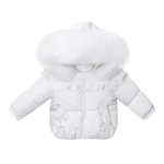 Luxury Baby Girl White Puffer Coat with Oversized Faux Fur Hood, Satin Bow & Diamanté Pocket Details – Warm Winter Jacket EvaBella EB-9702-S
