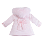 Luxury Baby Girl Baby Pink Puffer Coat with Oversized Faux Fur Hood, Pearl & Diamanté Embellishments, Tulle Details, and Satin Butterfly Accents – Warm Winter Jacket EvaBella EB-9703-S - Image 2