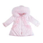 Luxury Baby Girl Baby Pink Puffer Coat with Oversized Faux Fur Hood, Pearl & Diamanté Embellishments, Tulle Details, and Satin Butterfly Accents – Warm Winter Jacket EvaBella EB-9703-S