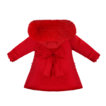 Luxury Baby Girl Red Puffer Coat with Oversized Faux Fur Hood, Pearl & Diamanté Embellishments, Tulle Details, and Satin Butterfly Accents – Warm Winter Jacket EvaBella EB-9703-S - Image 2