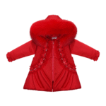 Luxury Baby Girl Red Puffer Coat with Oversized Faux Fur Hood, Pearl & Diamanté Embellishments, Tulle Details, and Satin Butterfly Accents – Warm Winter Jacket EvaBella EB-9703-S