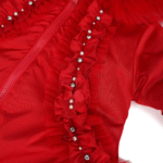 Luxury Baby Girl Red Puffer Coat with Oversized Faux Fur Hood, Pearl & Diamanté Embellishments, Tulle Details, and Satin Butterfly Accents – Warm Winter Jacket EvaBella EB-9703-S - Image 3