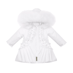 Luxury Baby Girl White Puffer Coat with Oversized Faux Fur Hood, Pearl & Diamanté Embellishments, Tulle Details, and Satin Butterfly Accents – Warm Winter Jacket EvaBella EB-9703-S