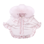 Luxury Baby Girl Pink Puffer Cape with Oversized Faux Fur Hood, Satin Bow & Diamanté Chest Detail, Tulle Ruffles – Warm Winter Coat EvaBella EB-9704-S - Image 3