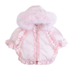 Luxury Baby Girl Puffer Cape with Oversized Faux Fur Hood, Pearl & Diamanté Tulle Trims, Satin Bows – Warm Winter Coat EvaBella EB-9705-S