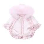 Luxury Baby Girl Puffer Cape with Oversized Faux Fur Hood, Pearl & Diamanté Tulle Trims, Satin Bows – Warm Winter Coat EvaBella EB-9705-S - Image 3