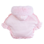 Luxury Baby Girl Pink Puffer Cape with Oversized Faux Fur Hood, Satin Bow & Diamanté Chest Detail, Tulle Ruffles – Warm Winter Coat EvaBella EB-9706-S - Image 2