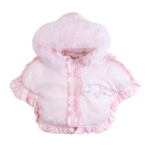 Luxury Baby Girl Pink Puffer Cape with Oversized Faux Fur Hood, Satin Bow & Diamanté Chest Detail, Tulle Ruffles – Warm Winter Coat EvaBella EB-9706-S