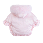 Luxury Baby Girl Puffer Cape with Oversized Faux Fur Hood, Pearl & Diamanté Tulle Chest Ruffles, Satin Bows – Warm Winter Coat EvaBella EB-9707-S - Image 2