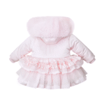 Luxury Baby Pink Puffer Coat with Oversized Faux Fur Hood, Layered Tulle Skirt & Pearl Diamanté Details – Cozy Winter Jacket for Girls EB-9708-S - Image 2