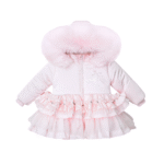 Luxury Baby Pink Puffer Coat with Oversized Faux Fur Hood, Layered Tulle Skirt & Pearl Diamanté Details – Cozy Winter Jacket for Girls EB-9708-S