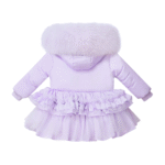Luxury Pastel Lilac Puffer Coat with Oversized Faux Fur Hood, Layered Tulle Skirt & Pearl Diamanté Details – Cozy Winter Jacket for Girls EB-9708-S - Image 2