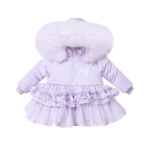 Luxury Pastel Lilac Puffer Coat with Oversized Faux Fur Hood, Layered Tulle Skirt & Pearl Diamanté Details – Cozy Winter Jacket for Girls EB-9708-S