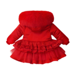 Luxury Red Puffer Coat with Oversized Faux Fur Hood, Layered Tulle Skirt & Pearl Diamanté Details – Cozy Winter Jacket for Girls EB-9708-S - Image 2