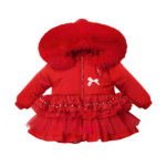 Luxury Red Puffer Coat with Oversized Faux Fur Hood, Layered Tulle Skirt & Pearl Diamanté Details – Cozy Winter Jacket for Girls EB-9708-S