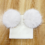 Double Pompom Hat -Cream Baby Hat with 2 Cream Fluffy Mega Pompoms EB-H-05C - Image 2