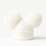 Double Pompom Hat -Cream Baby Hat with 2 Cream Fluffy Mega Pompoms EB-H-05C